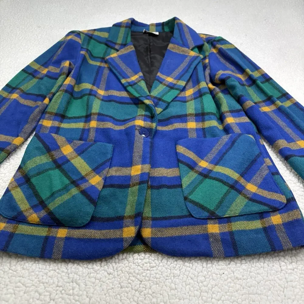 Joule Energy Vintage Plaid Boyfriend‎ Blazer Sz M Blue Green Yellow Long Pockets